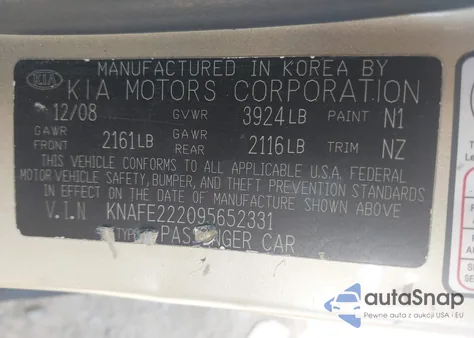 2009 Kia Spectra Ex z USA, uszkodzony, nr VIN KNAFE222095652331